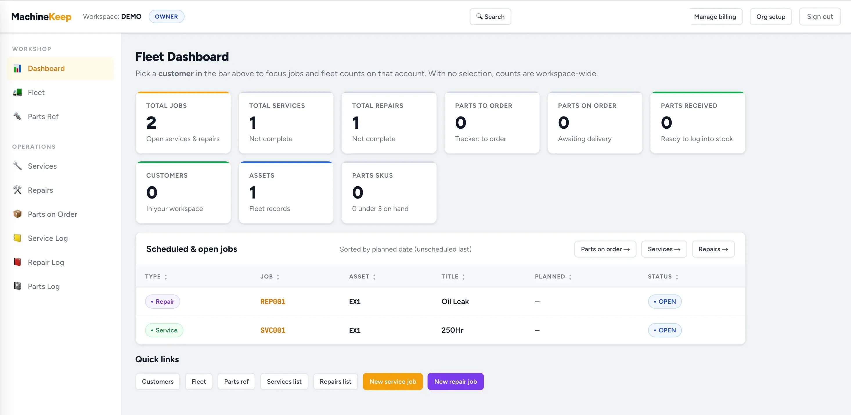 MachineKeep fleet dashboard showing job totals and quick links