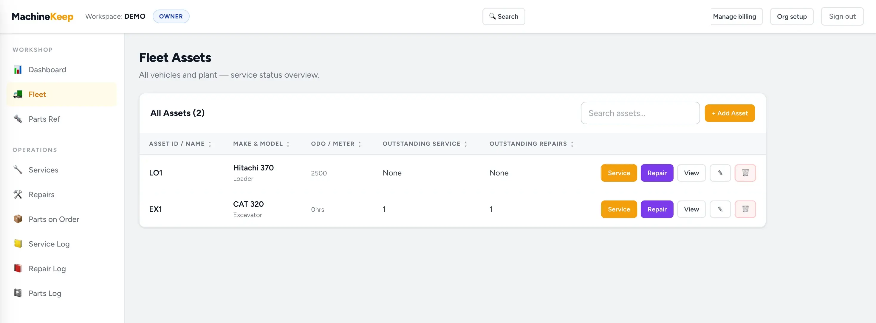 MachineKeep fleet assets page showing machines, meter readings, service actions and repair actions