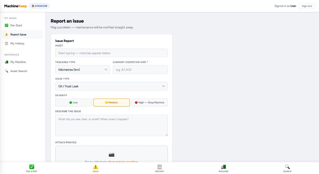 Operator Report an Issue form with severity, description, and photo attachments