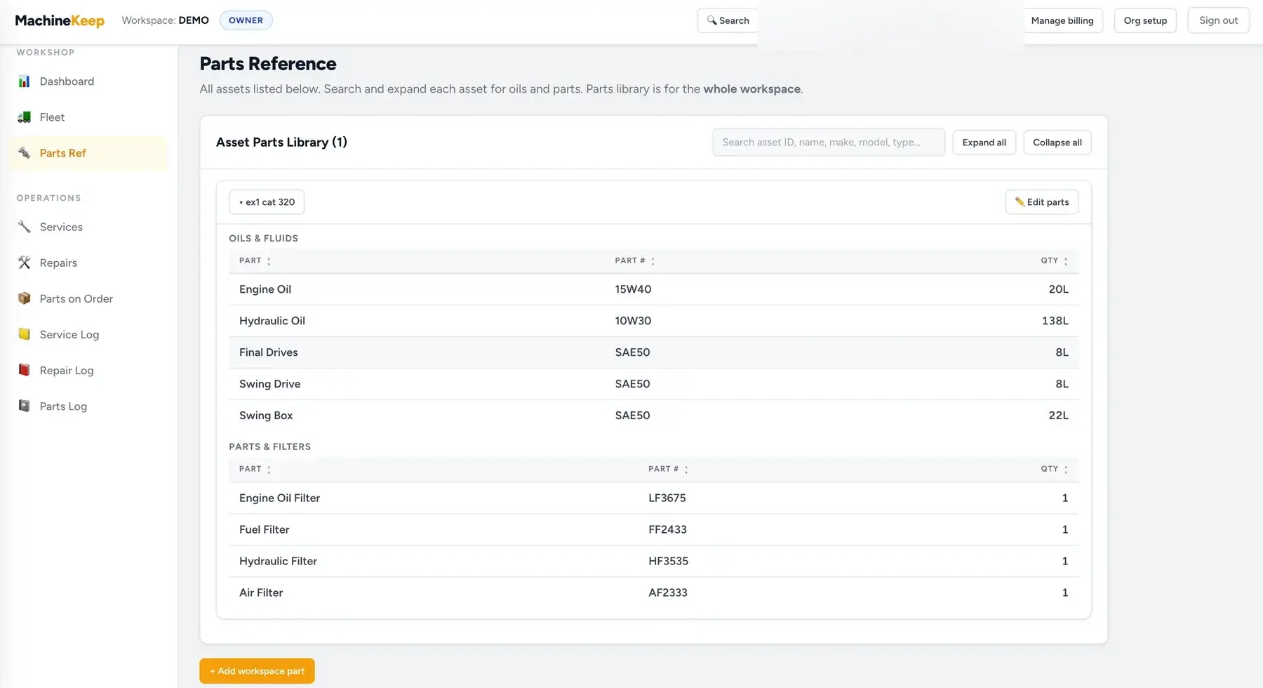 MachineKeep parts reference showing oils, fluids, filters, part numbers and quantities