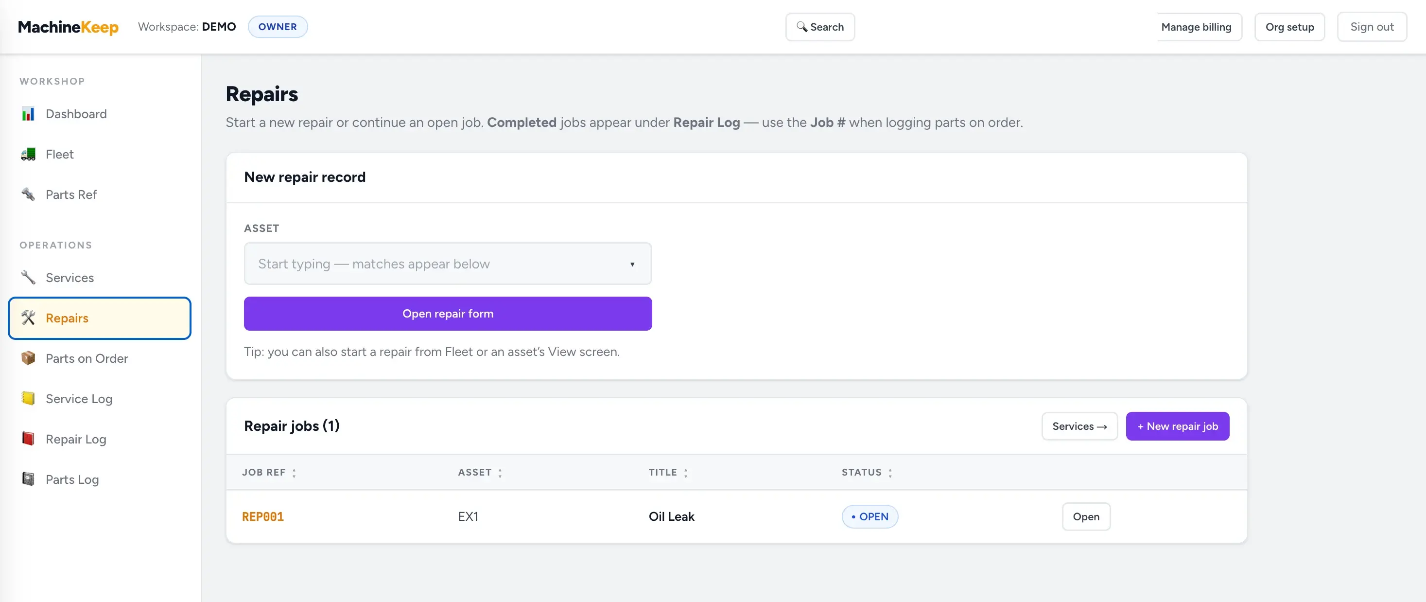 MachineKeep repairs page showing a new repair form and open repair jobs
