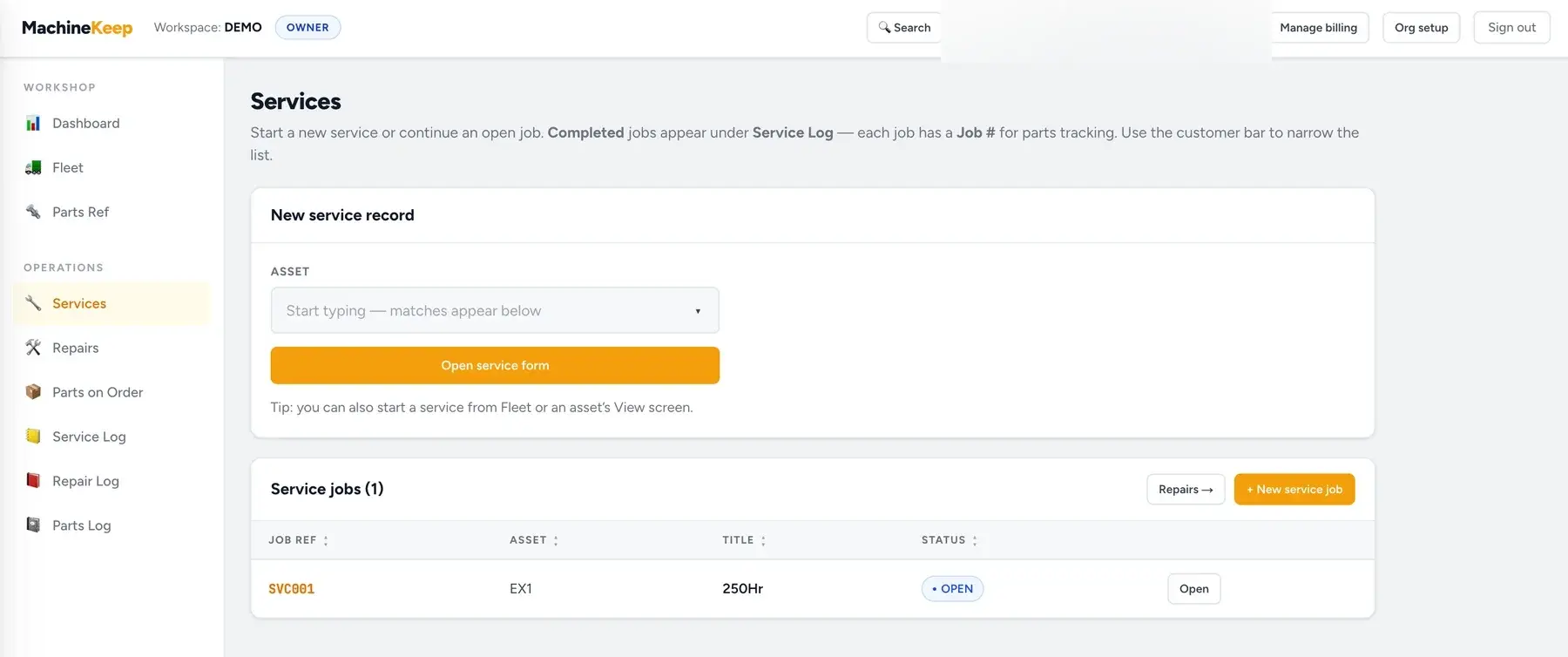 MachineKeep services page showing a new service form and open service jobs